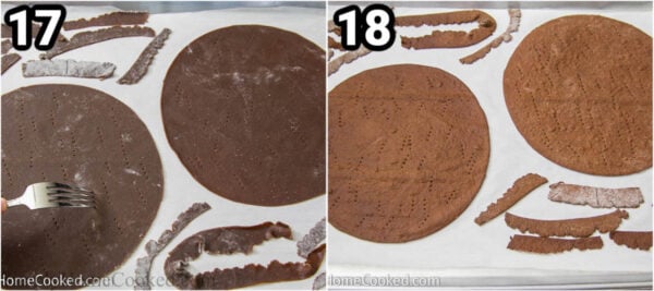 Steps to make Chocolate Spartak Cake: place the dough on a baking sheet and poke them with a fork, then bake.