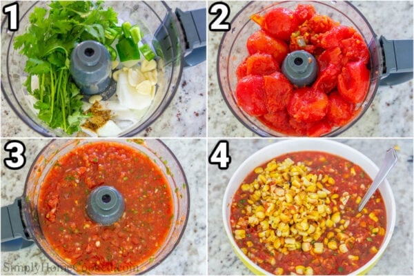Steps to make Grilled Corn Salsa: pulse the cilantro, garlic, onion, jalapeno, salt, cumin, and lime juice together in a food processor, then add the tomatoes and corn.