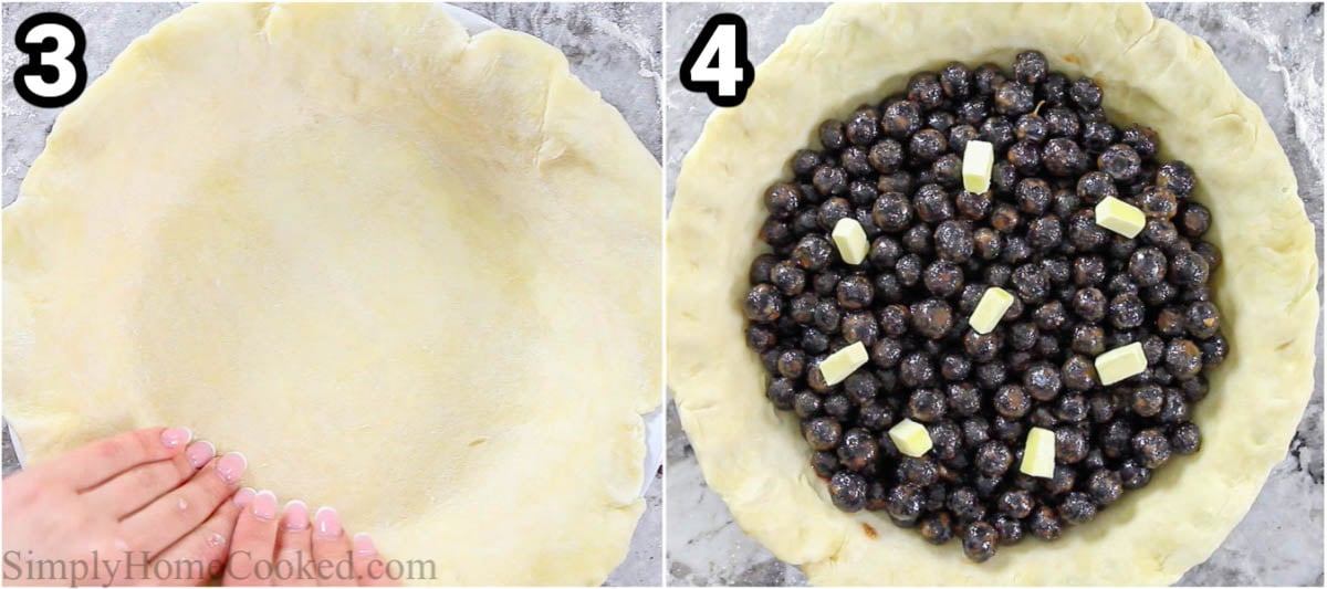 Steps for making a blueberry cake, including rolling out the pie dough and filling the blueberries and butter.