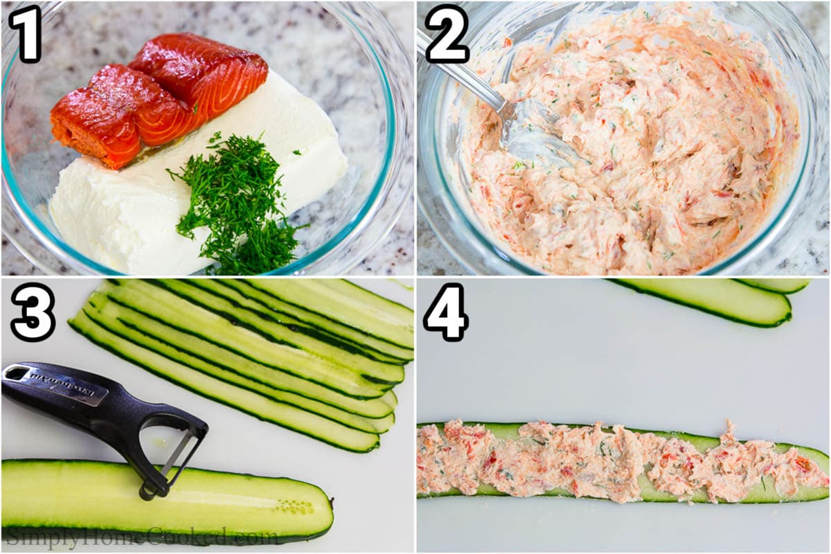 Steps to prepare smoked salmon appetizers: Mix together smoked salmon, dill and cream cheese in a bowl, then cut the cucumber strips and spread the salmon on top.