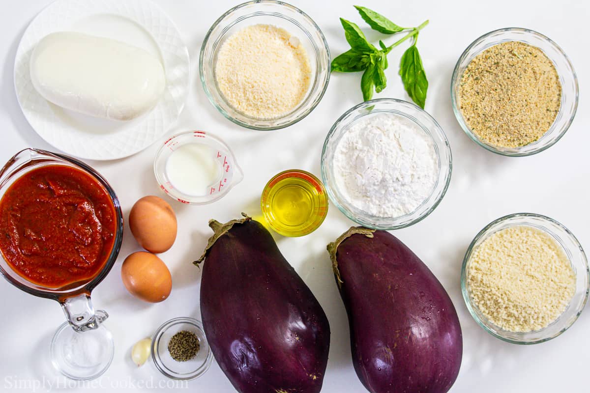 overhead shot of ingredients for eggplant parmesan 