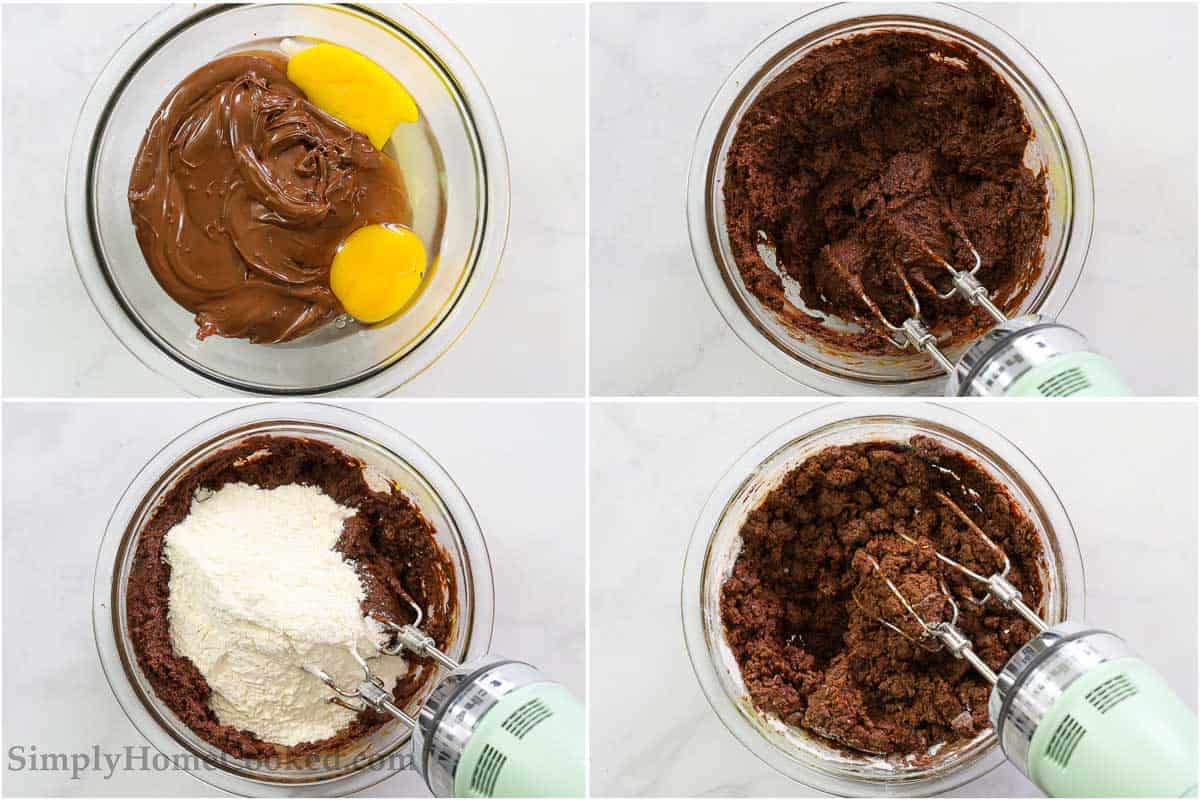 Soft and chewy Nutella cookies that are super easy to make and have an intense chocolate Nutella flavor. These are always a crowd pleaser. Which makes them great for parties! #nutella #nutellacookies #chocolatecookies #chewynutellacookies #easycookies steps to make the best Nutella cookies