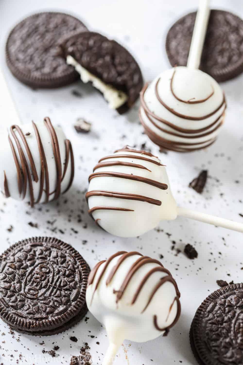 close up image of Oreo cake pops on a white background 