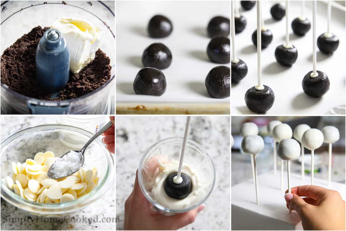 Step by step image collage of how to make Oreo cake pops