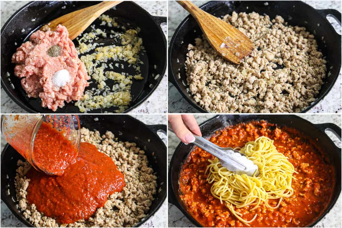 step by step photo collage of how to make spaghetti and meat sauce