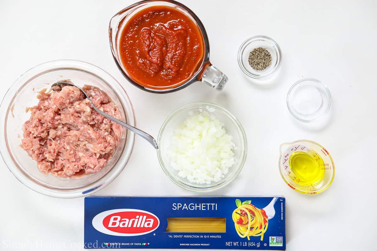 overhead image of ingredients needed for the best spaghetti and meat sauce