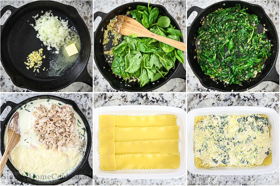 a 6 picture collage that shows all the easy steps of how to make a chicken alfredo lasagna
