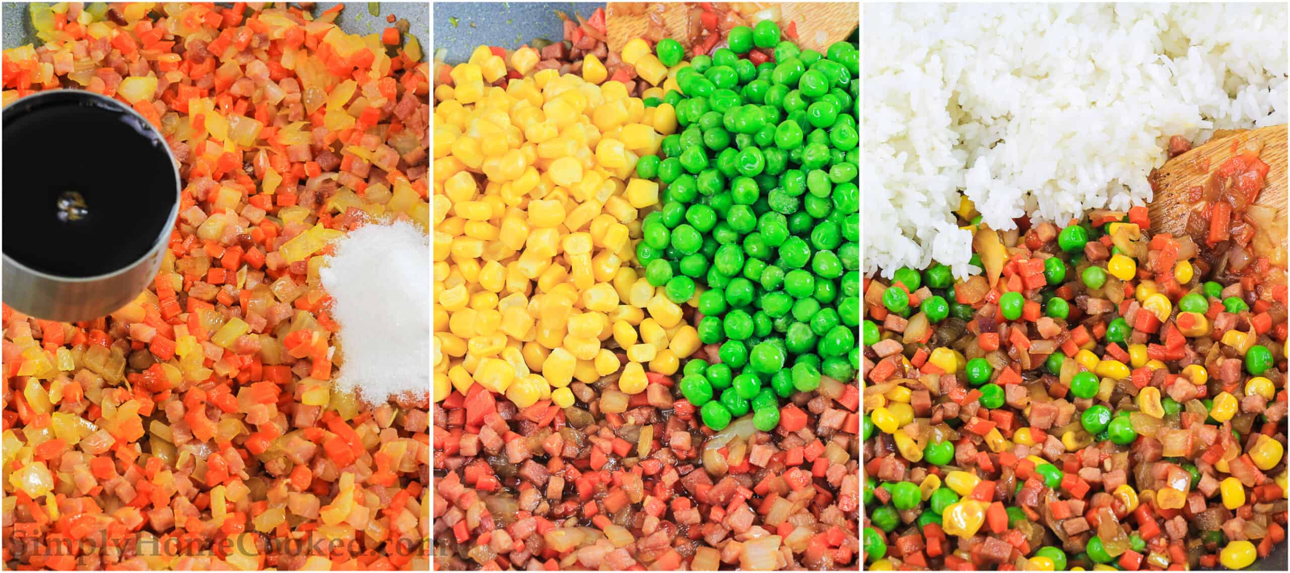 A three image collage on how to make pork fried rice with corn, peas, and diced ham