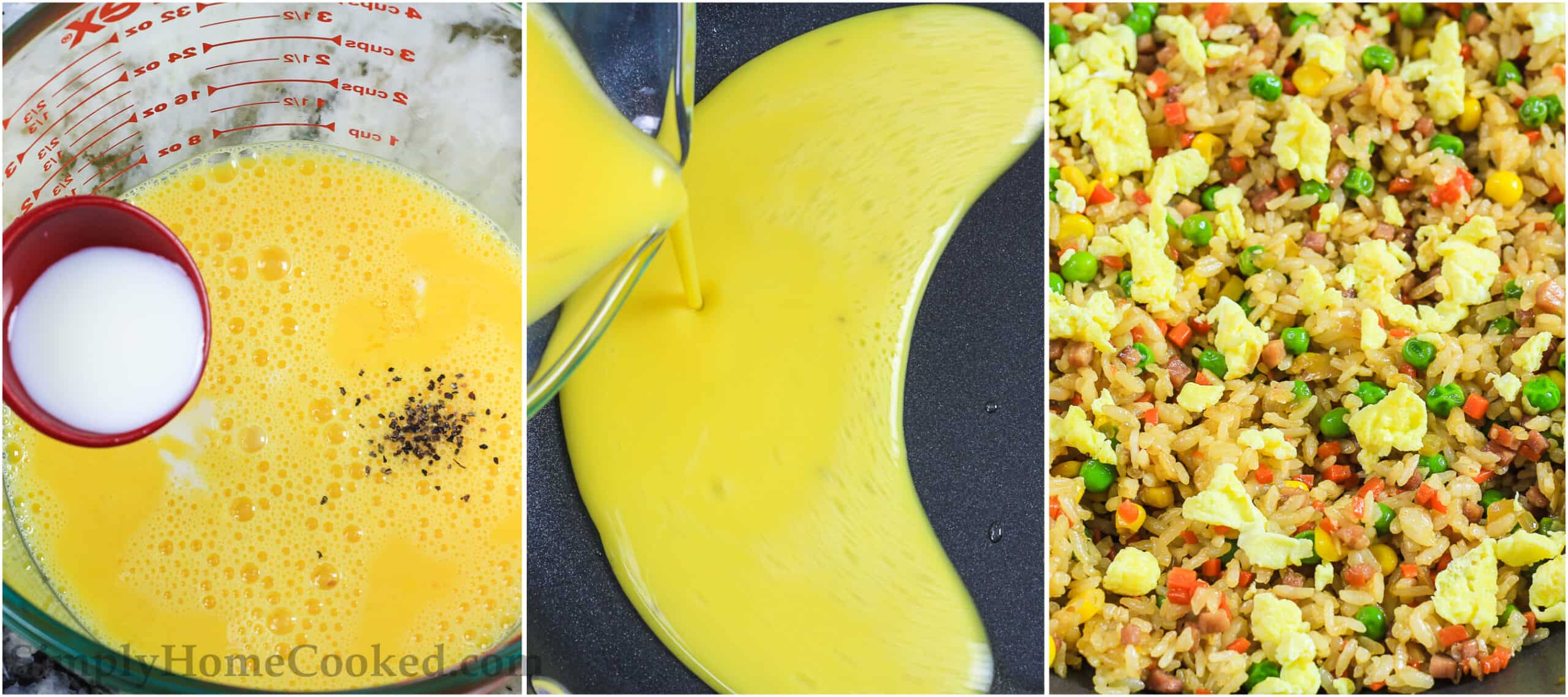 A three image collage on how to make pork fried rice with fried egg on top