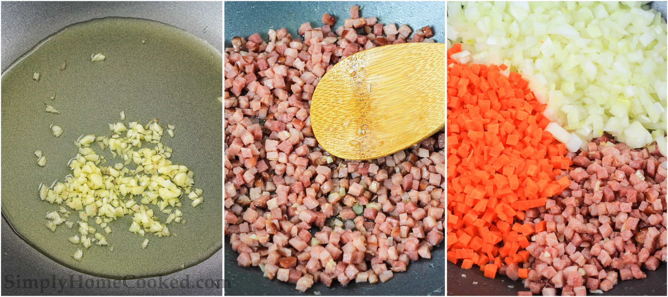 A three image collage on how to make pork fried rice 