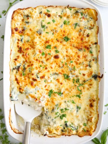 Chicken Alfredo Lasagna in a baking dish with a spatula, missing a piece.