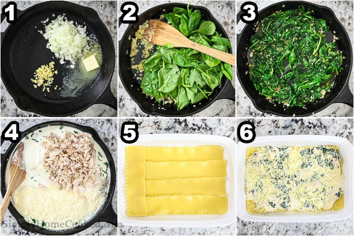 Steps to make chicken alfre drazania: Stir garlic and onions in butter, make spinach cry, add ricotta, parmesan, salt, pepper and chicken, then layer with sauce, pasta, stuffing, cheese and baking.