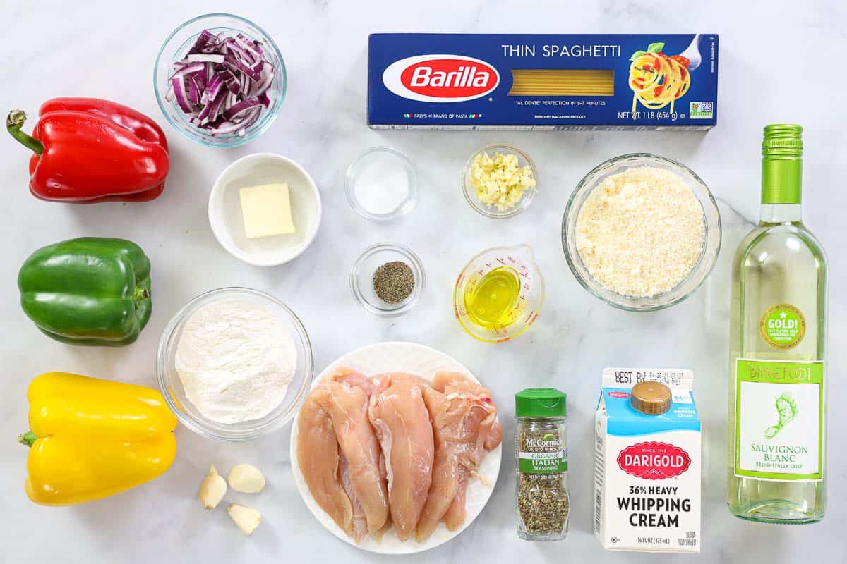 overheat image of chicken scampi ingredients on a white background
