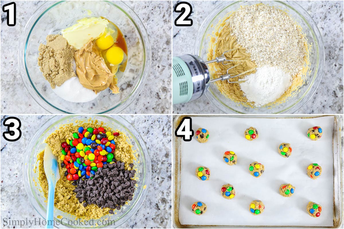 Steps to make Monster Cookies: beat the wet ingredients with an electric mixer, then add the dry, and finally the M&amp;Ms and chocolate chips before scooping the dough and baking.