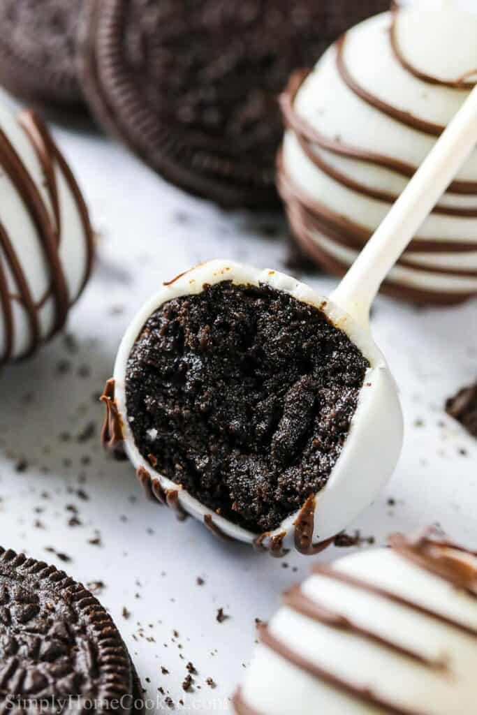 close up image of no-bake Oreo cake pop bitten into 