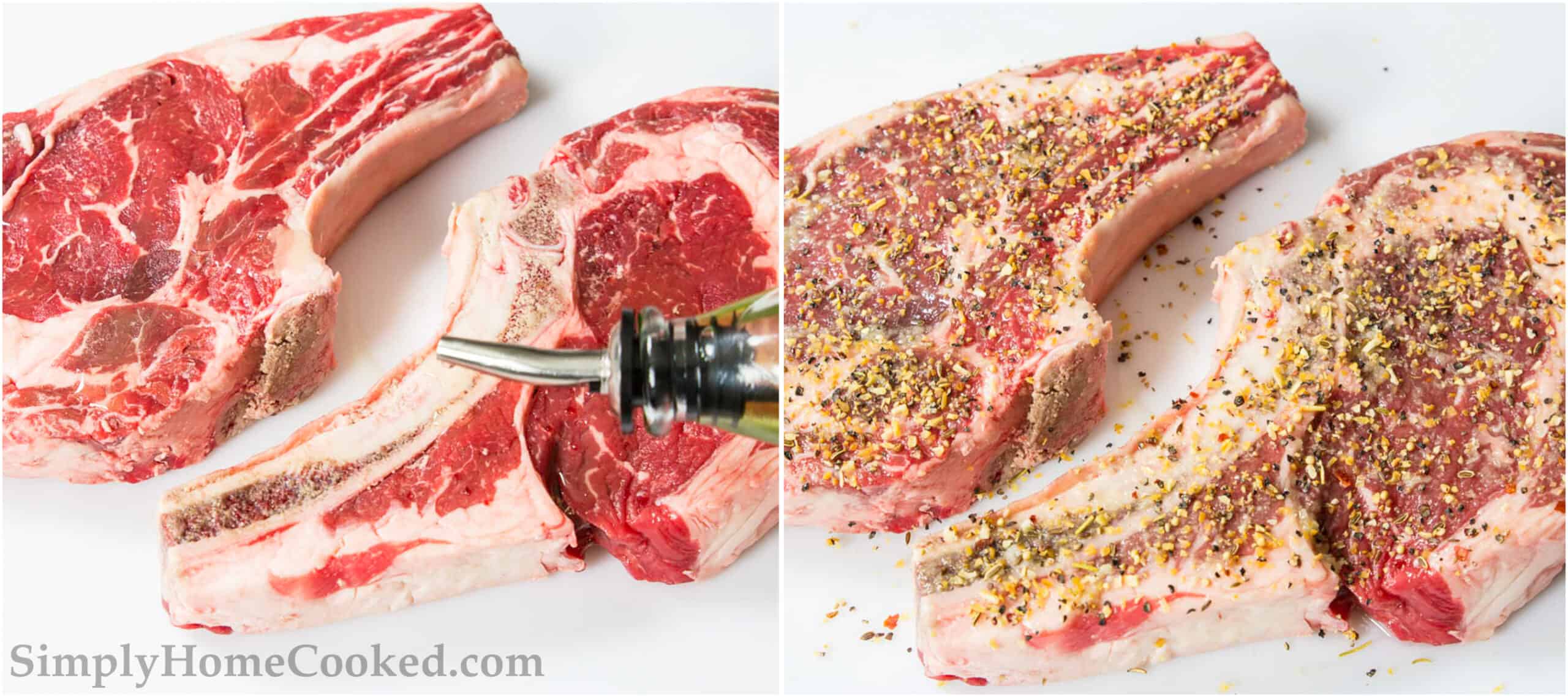 two image collage of seasoning raw ribeye steak