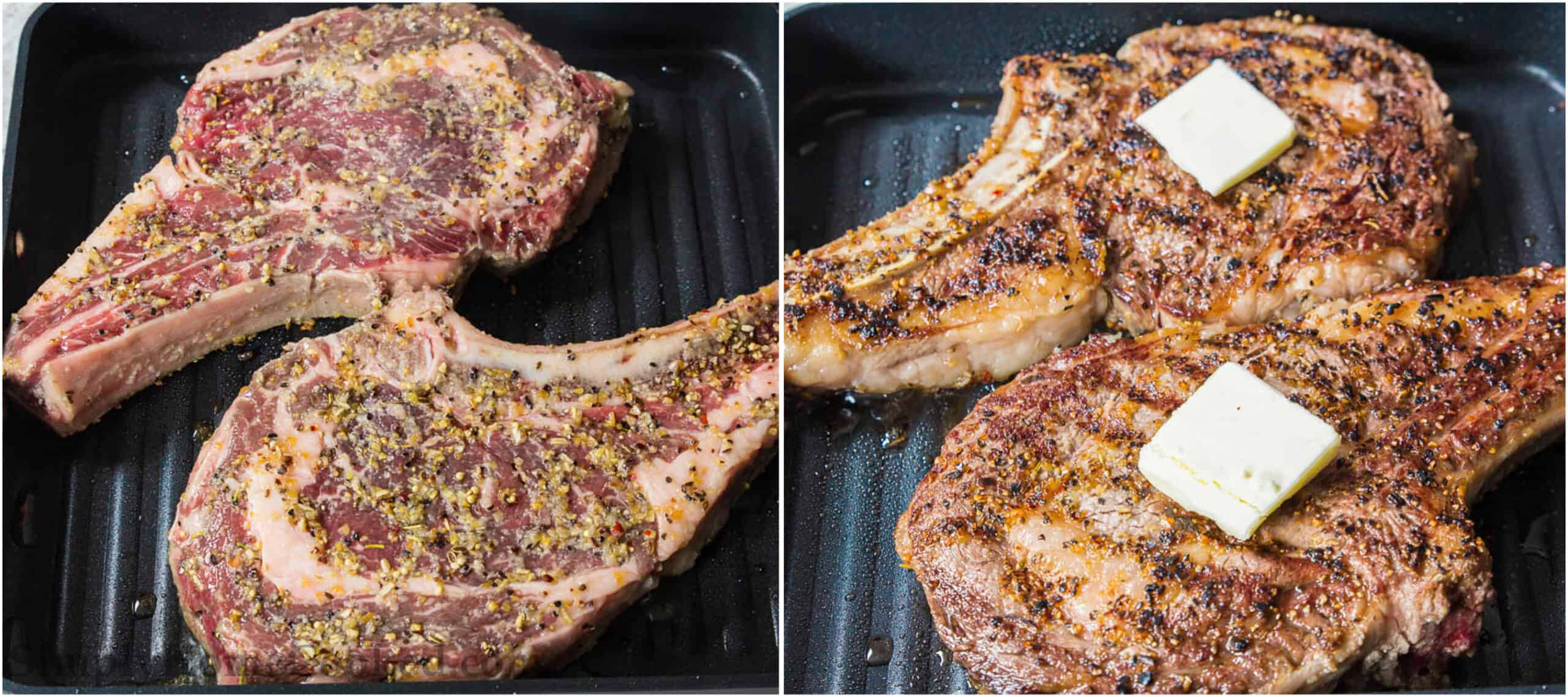 two image collage of bone-in ribeye steak being cooked in a cast iron pan with butter on top