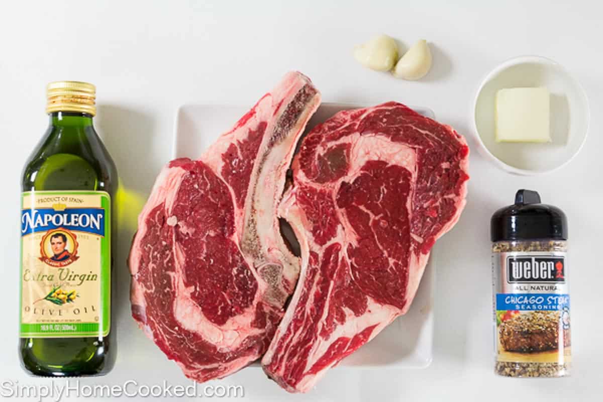 overhead image os ingredients needed to make ribeye steak in the oven
