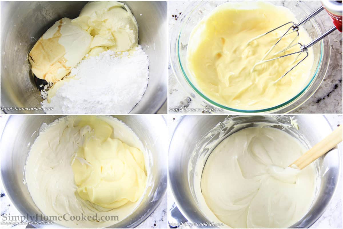 mascarpone and cream cheese beaten together, whipping egg product, tiramisu cream in a bowl