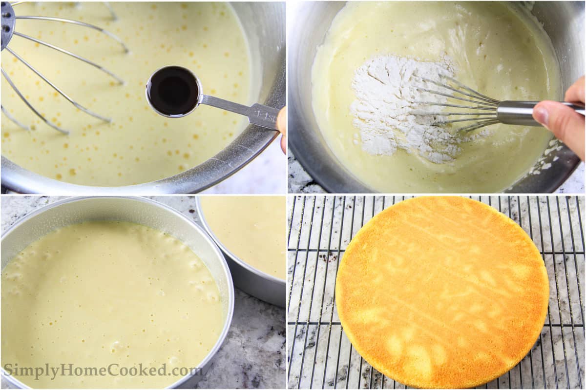 folding flour into cake batter, baked sponge cake in a baking pan