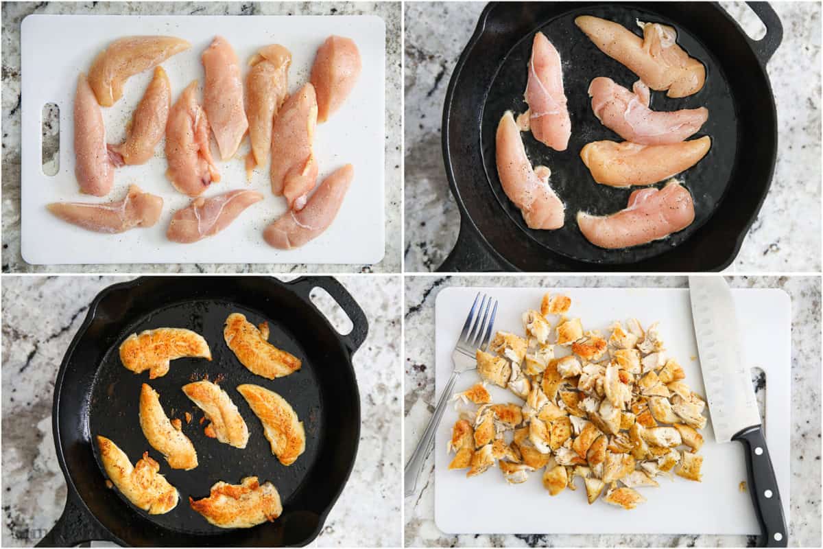 Steps to grill chicken tenders in a cast iron skillet after seasoning, and then cube them.