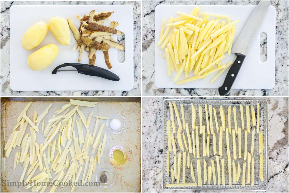 Steps to make air fryer french fries, including peeling and cutting the potatoes, oiling and seasoning them, then cooling.