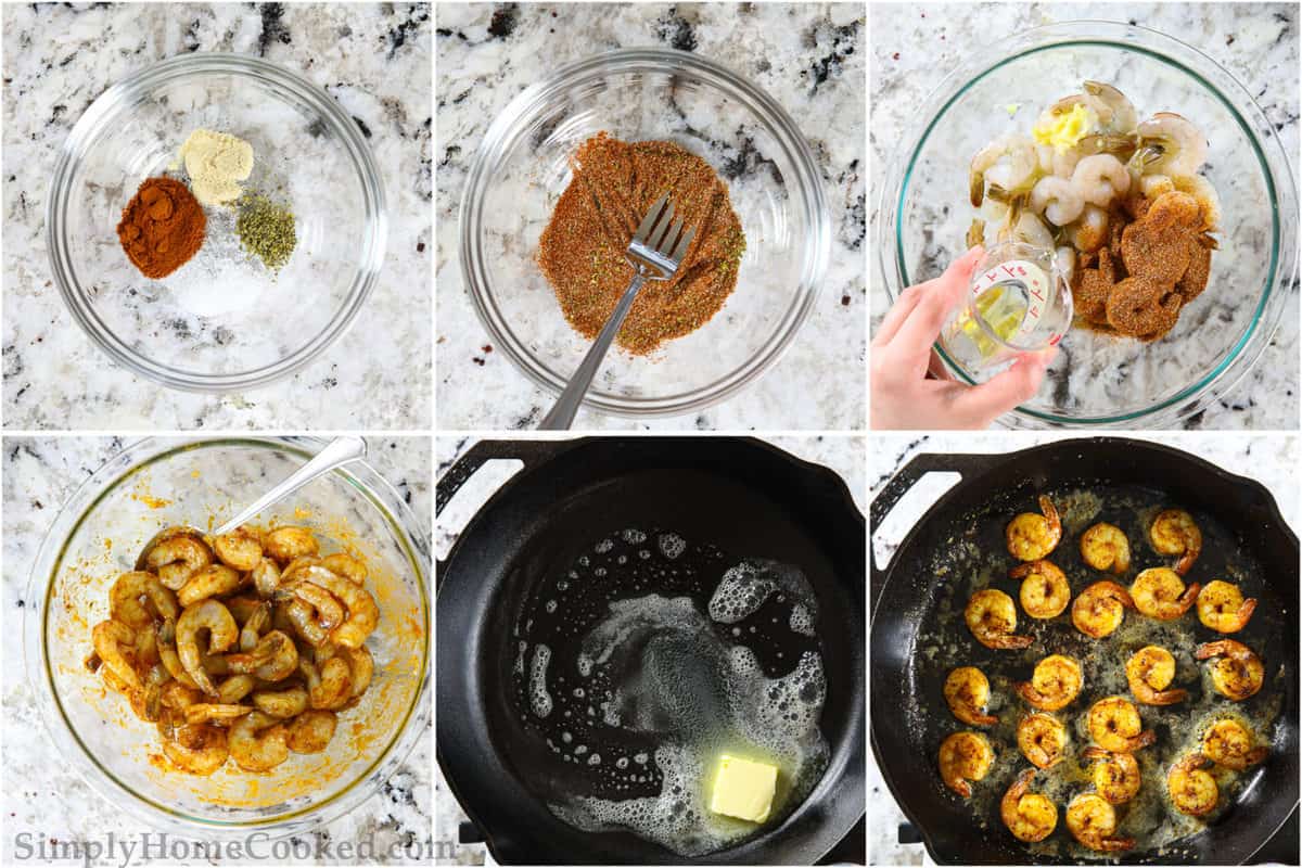 Steps for cooking Cajun shrimp, including mixing the spices, adding the shrimp, melting butter in a skillet, and cooking the shrimp in the skillet.