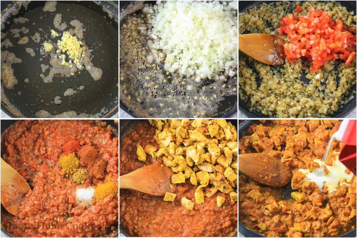 Six tiles showing how to make Indian butter chicken sauce, including cooking garlic in oil and butter, adding onions, tomatoes, and spices, then the chicken and finally the cream.