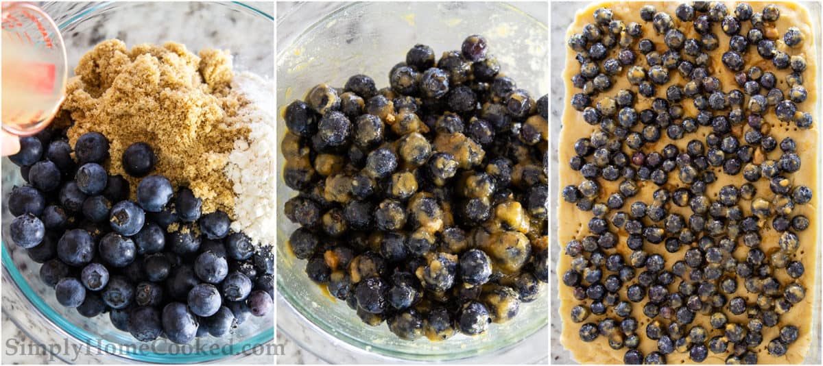 Steps to make Blueberry Oatmeal Bars, including mixing the filling ingredients and then spreading them out across the crust.