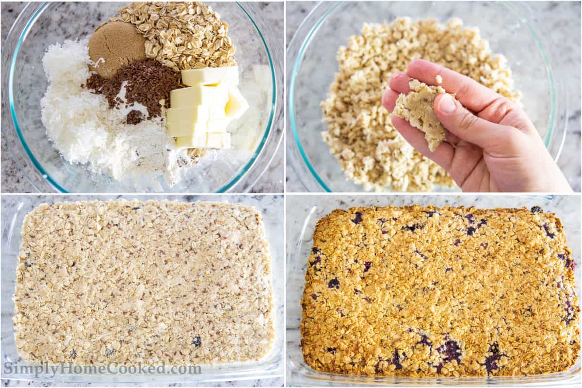 Steps to make Blueberry Oatmeal Bars, including combining the oatmeal topping ingredients, pressing the topping firmly on top of the filling and then baking it.
