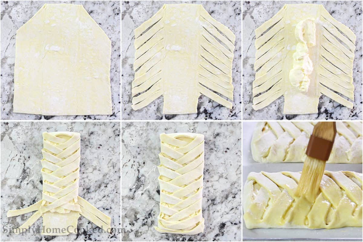 Steps to make this Easy Cheese Danish, including cutting the puff pastry and adding the cheese filling, then braiding it and brushing it with an egg wash.