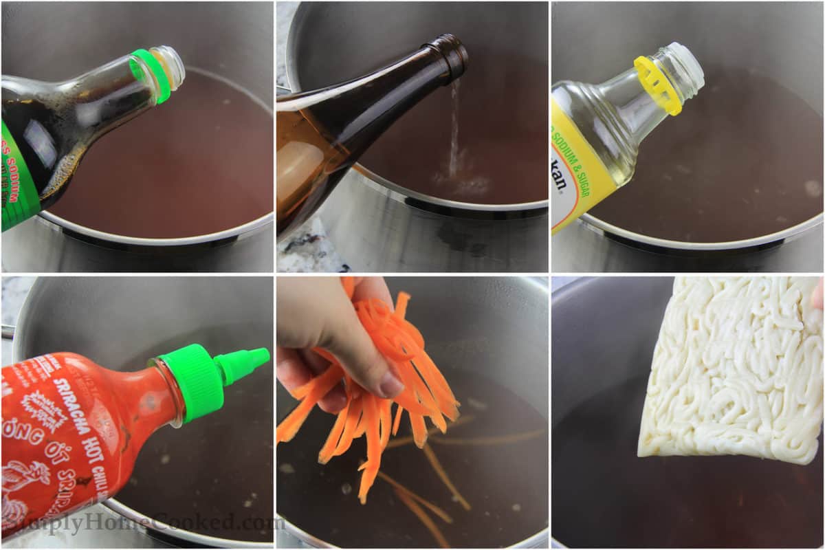 Steps to make Udon soup, including adding soy sauce, sake, rice wine vinegar, and Sriracha to the broth and then carrot peels and udon noodles.