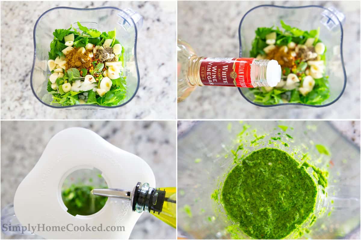 Four tiles showing steps to make chimichurri sauce including adding herbs to blender, pouring in vinegar and oil, and blending until smooth.