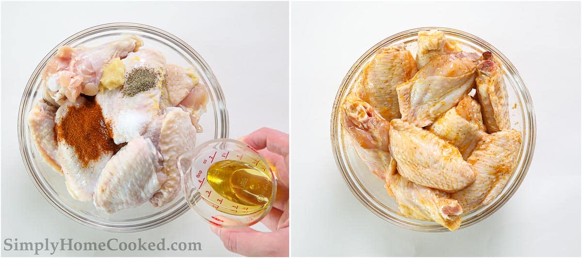Steps to make Air Fryer Chicken Wings, including creating a marinade of oil, garlic, paprika, salt, and pepper and tossing them all together.