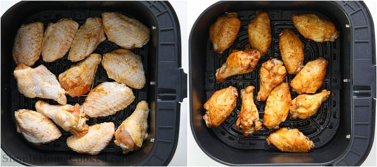 Steps to make Air Fryer Chicken Wings, including placing the wings in the air fryer basket and cooking them.
