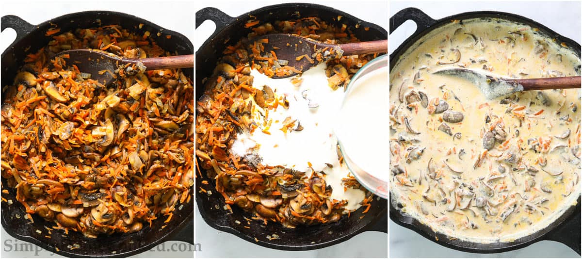 Steps to make Potatoes with Mushroom Gravy, including mixing in heavy cream to the sauteed vegetables in a skillet and simmering.