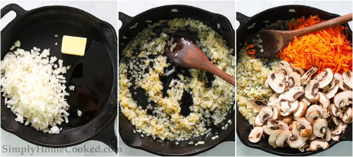 Steps to make Potatoes with Mushroom Gravy, including sauteing onions in oil and butter, and adding carrots, mushrooms, and garlic to the skillet and mixing with a wooden spoon.