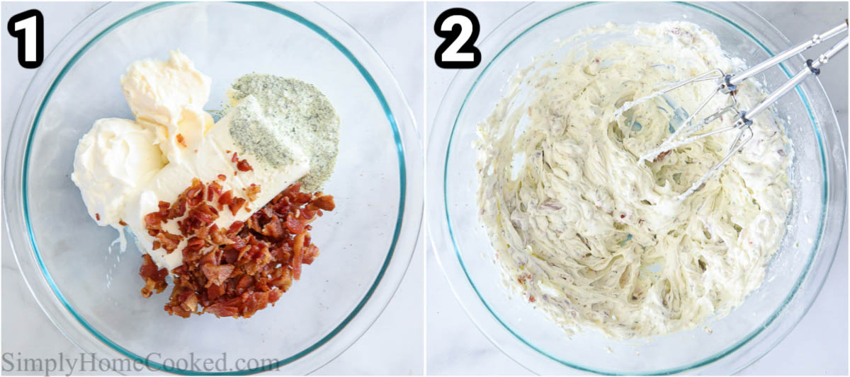 Steps to make Easy BLT Dip, including mixing together the bacon, seasoning, and creamy ingredients for the base.