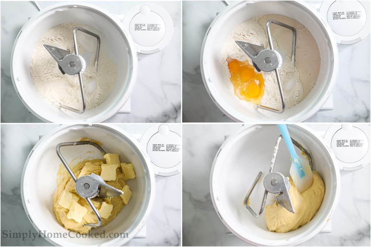 Steps for making Soft Brioche Dinner Rolls, including mixing the dough ingredients and adding chunks of butter, mixing in a stand mixer until it comes together.