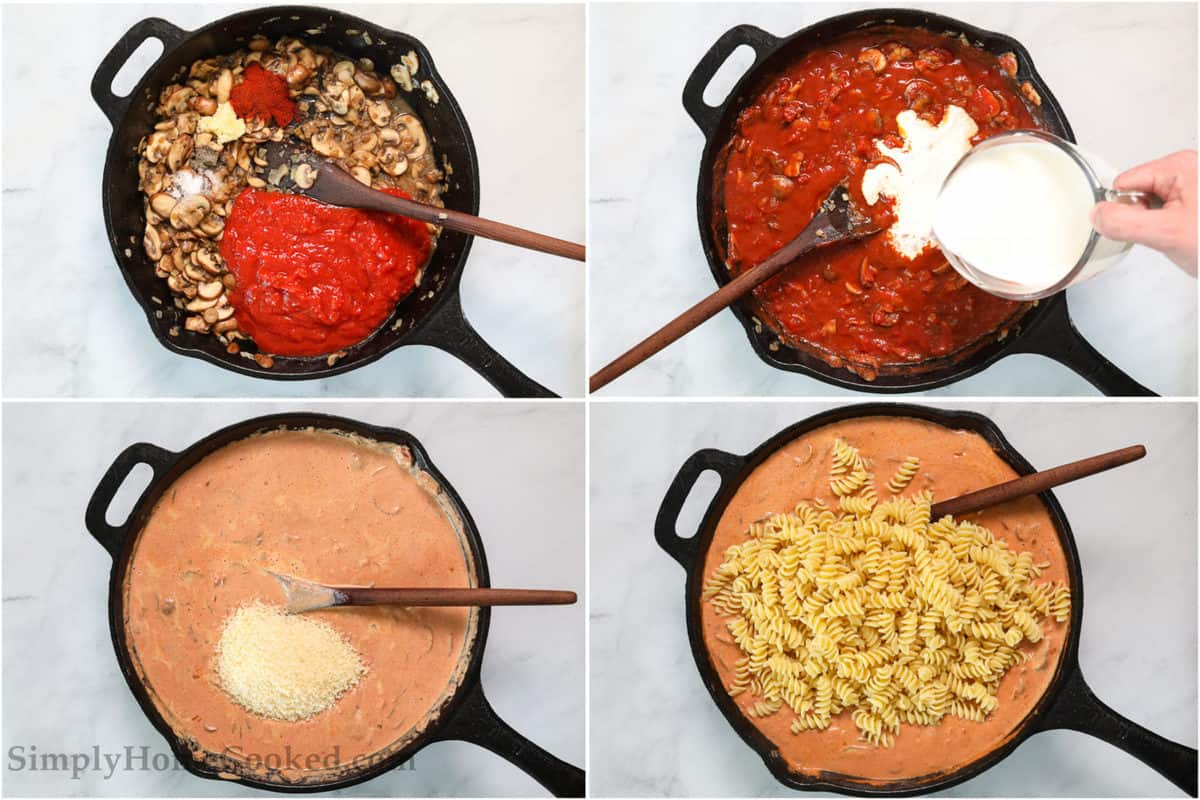 Steps to make Creamy Tomato and Mushroom Rotini Pasta, including adding crushed tomatoes to skillet, then stirring in the heavy cream and Parmesan cheese, and finally mixing in the rotini pasta.