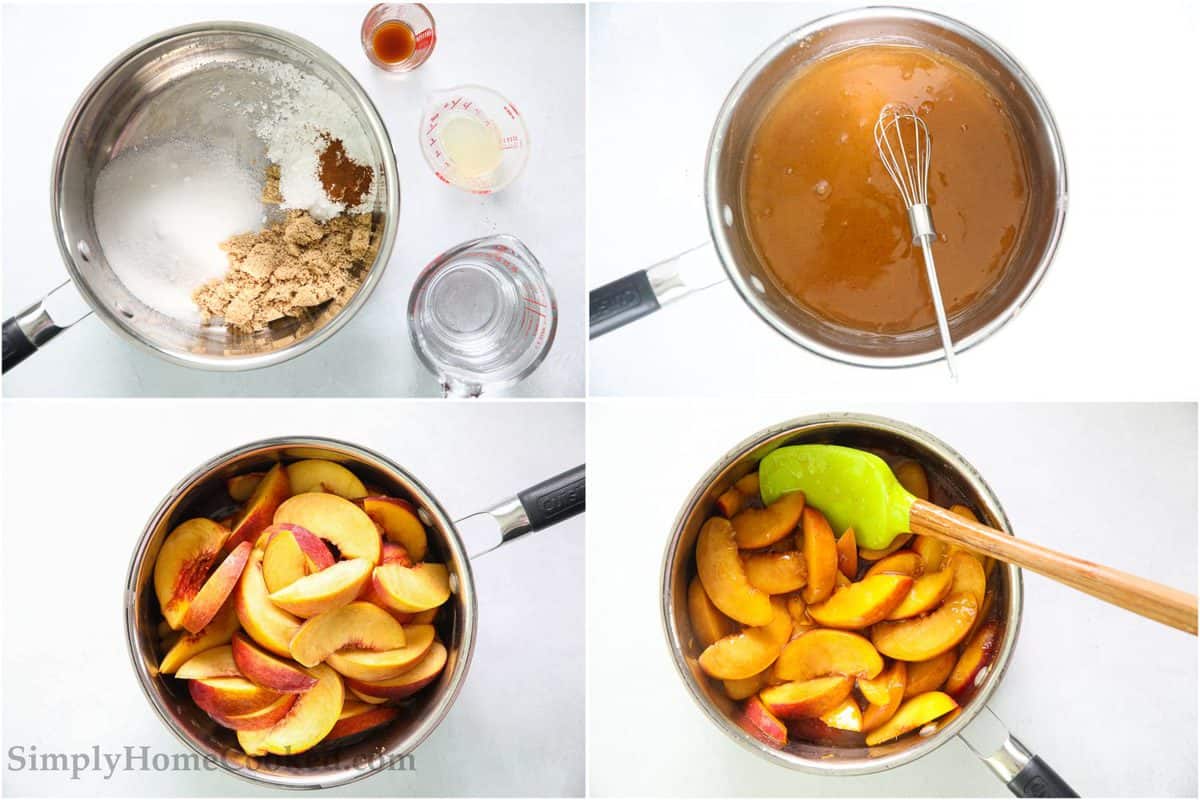 Steps to make Peach Pie Filling, including boiling the ingredients in a sauce pan, then whisking them together and adding the peach slices, simmering until slightly softened.