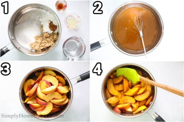 Steps to make Peach Pie Filling: combine the cornstarch with the lemon juice, vanilla, sugars, cinnamon, and water, boil, then add the peach slices and simmer.