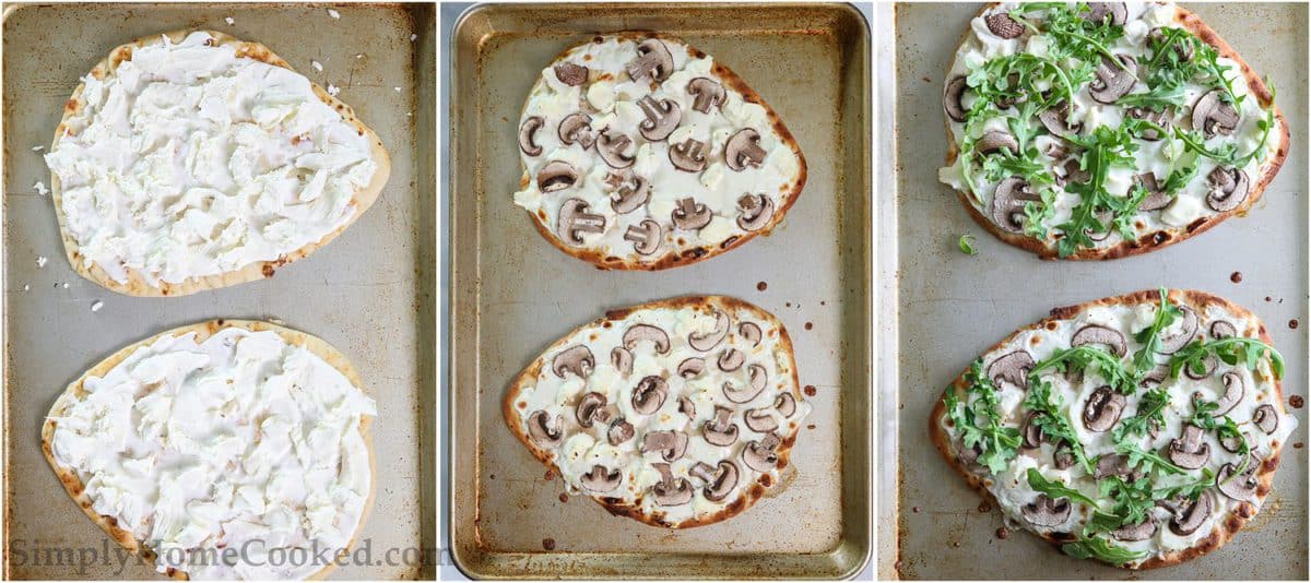 Steps to make Mushroom Arugula Flatbread Pizza, including adding mozzarella and ricotta to the flatbread, then topping it with sliced mushrooms and arugula. before baking.