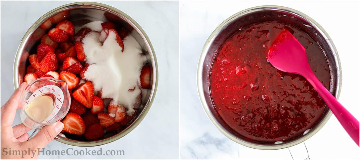 a 2 image collage on steps to make strawberry jam on the stovetop