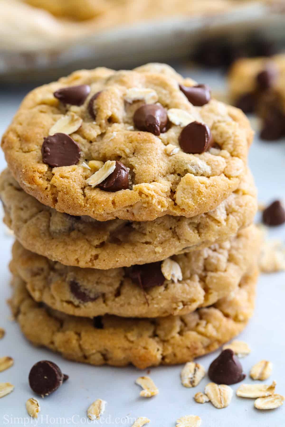 Stack of Chewy Peanut Butter Oatmeal Cookies with chocolate chips.