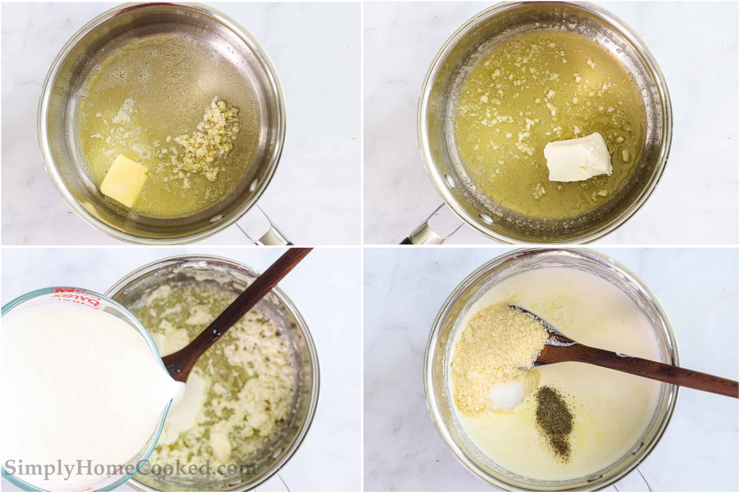 Steps to make the sauce for Easy Four Cheese Ravioli, including sauteing butter and garlic, adding cream cheese, and stirring in heavy cream, and finally salt, pepper, and Parmesan cheese.