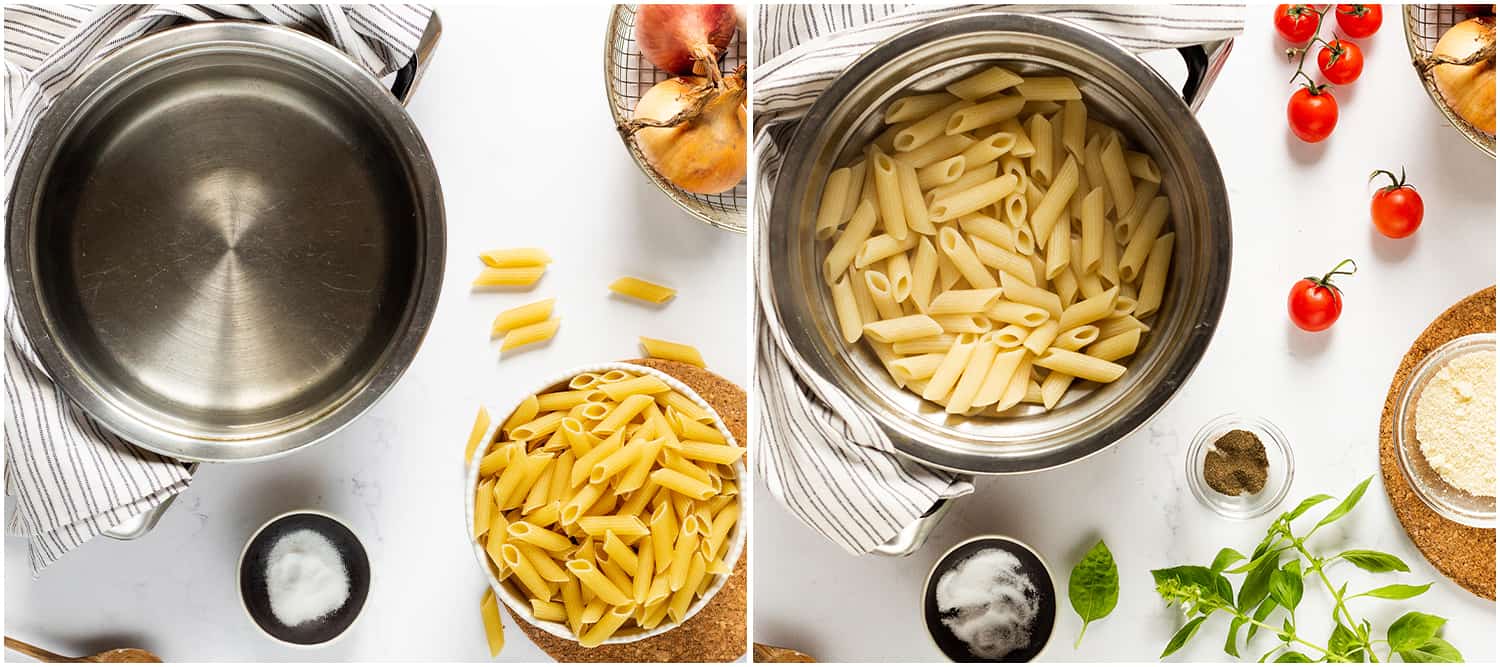 Steps to make Penne Alla Vodka, including cooking the penne pasta in a pot and then draining it, with more ingredients nearby.