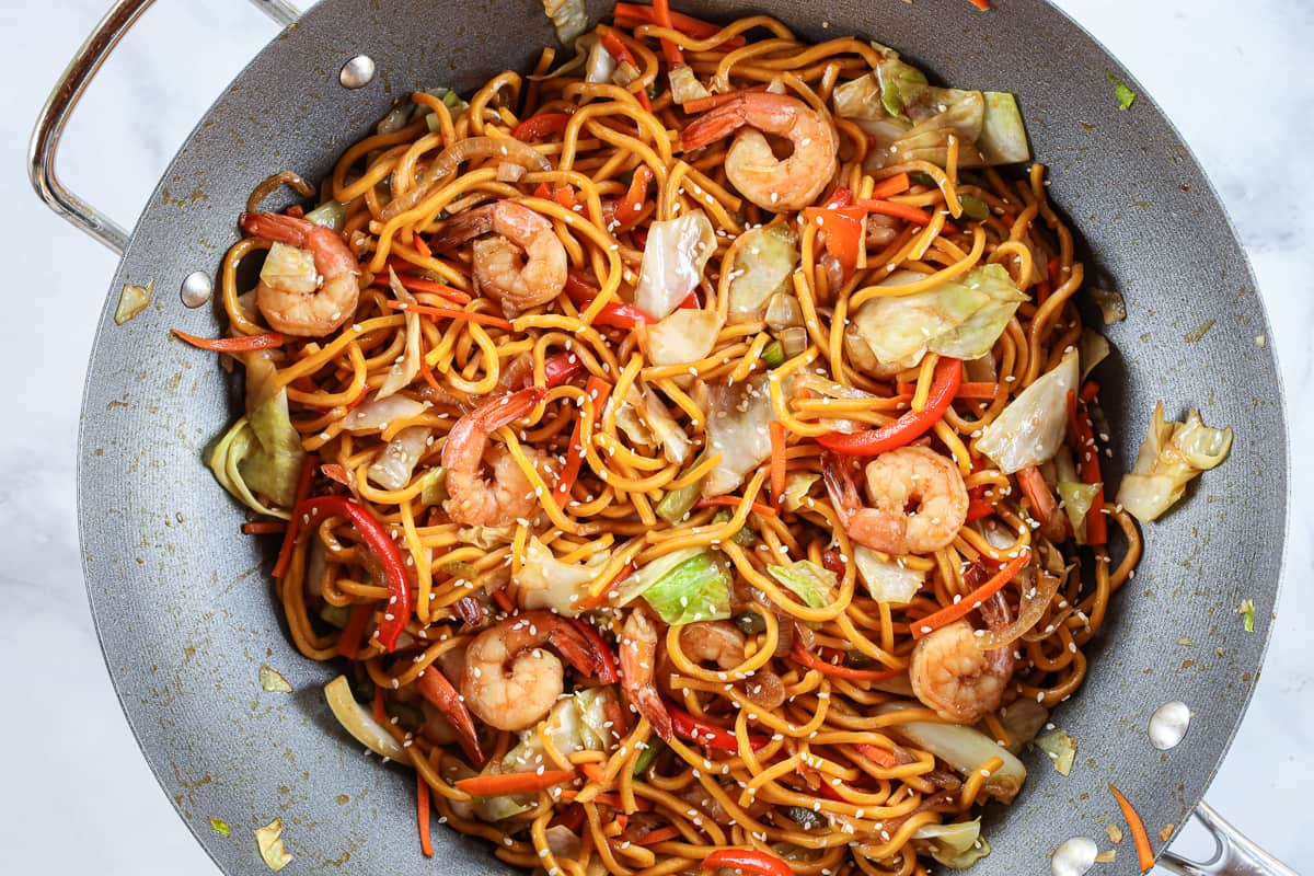 Overhead view of a wok with 30-minute Shrimp Chow Mein in it.