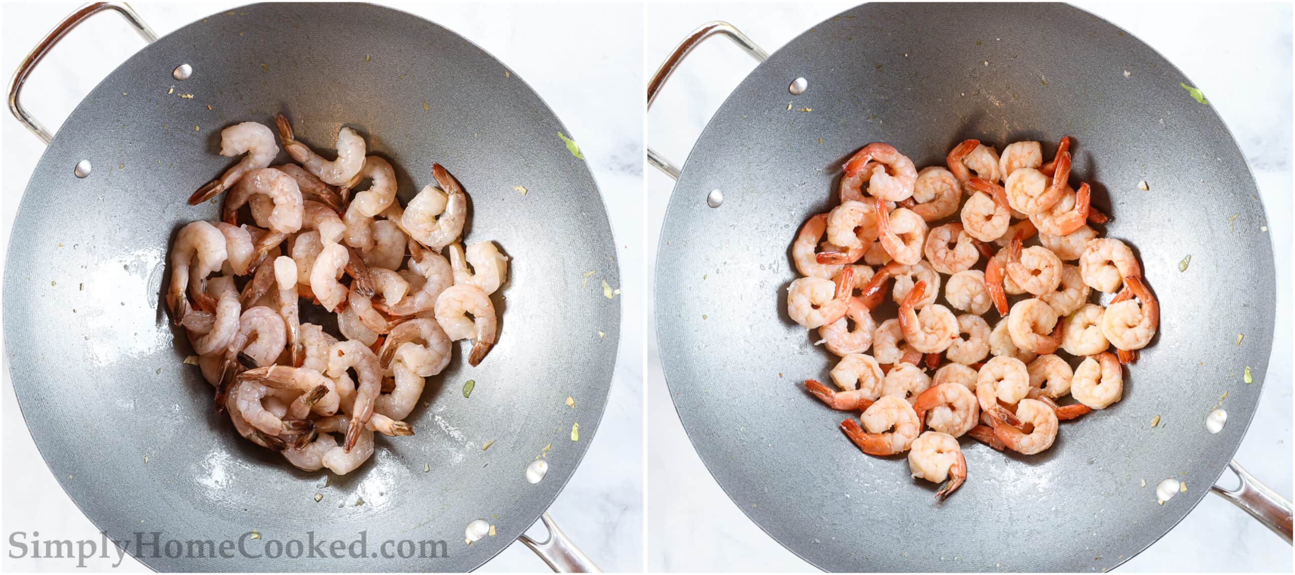 Steps to make 30-Minute Shrimp Chow Mein, including cooking the shrimp in a wok until they are pink and opaque.