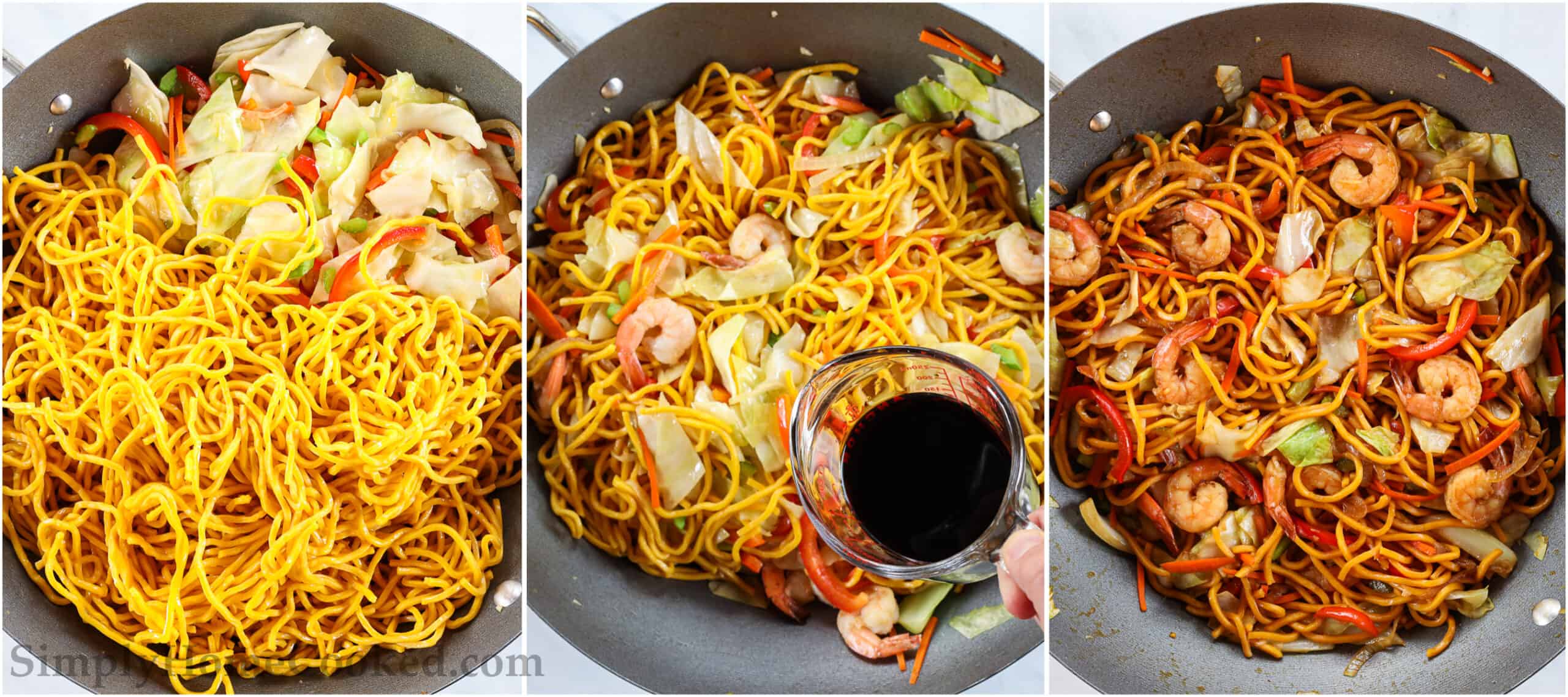 Steps to make 30-Minute Shrimp Chow Mein, including adding the yakisoba noodles to the vegetables and shrimp, and then adding the sauces, stirring until combined.